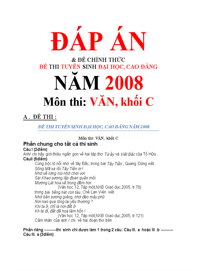 ĐÁP ÁN ĐỀ thi ĐH CĐ môn VĂN khối C năm 2008