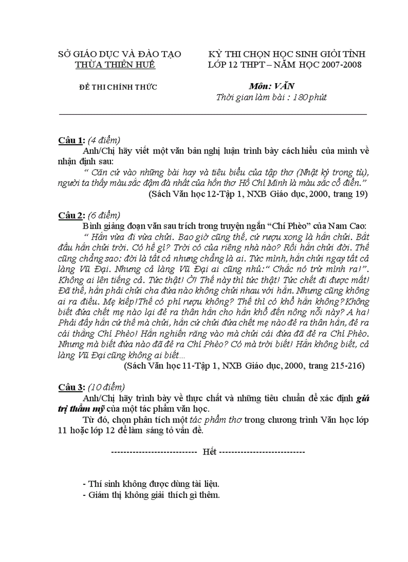 Đề thi đáp án hs giỏi văn 12 thừa thiên huế 2007 2008
