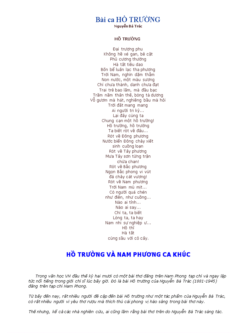 Bài ca HỒ TRƯỜNG Nguyễn Bá Trác