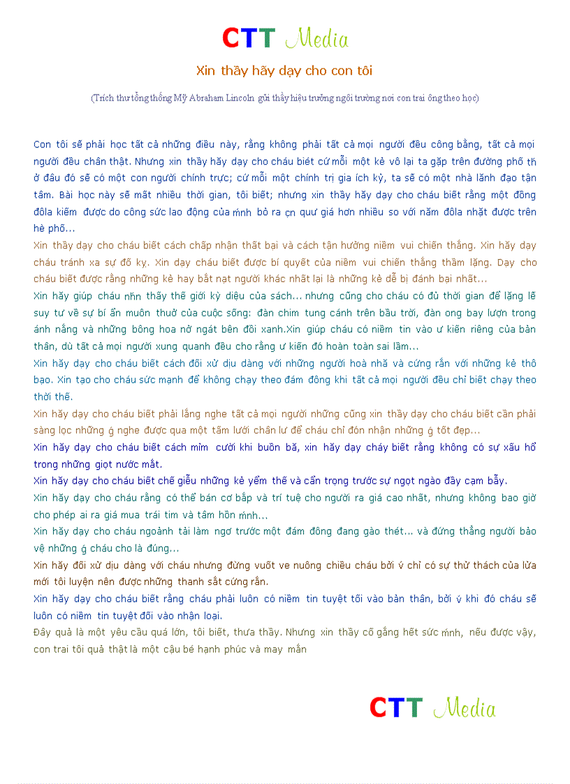 Thư tổng thống Mỹ Abraham Lincoln hay