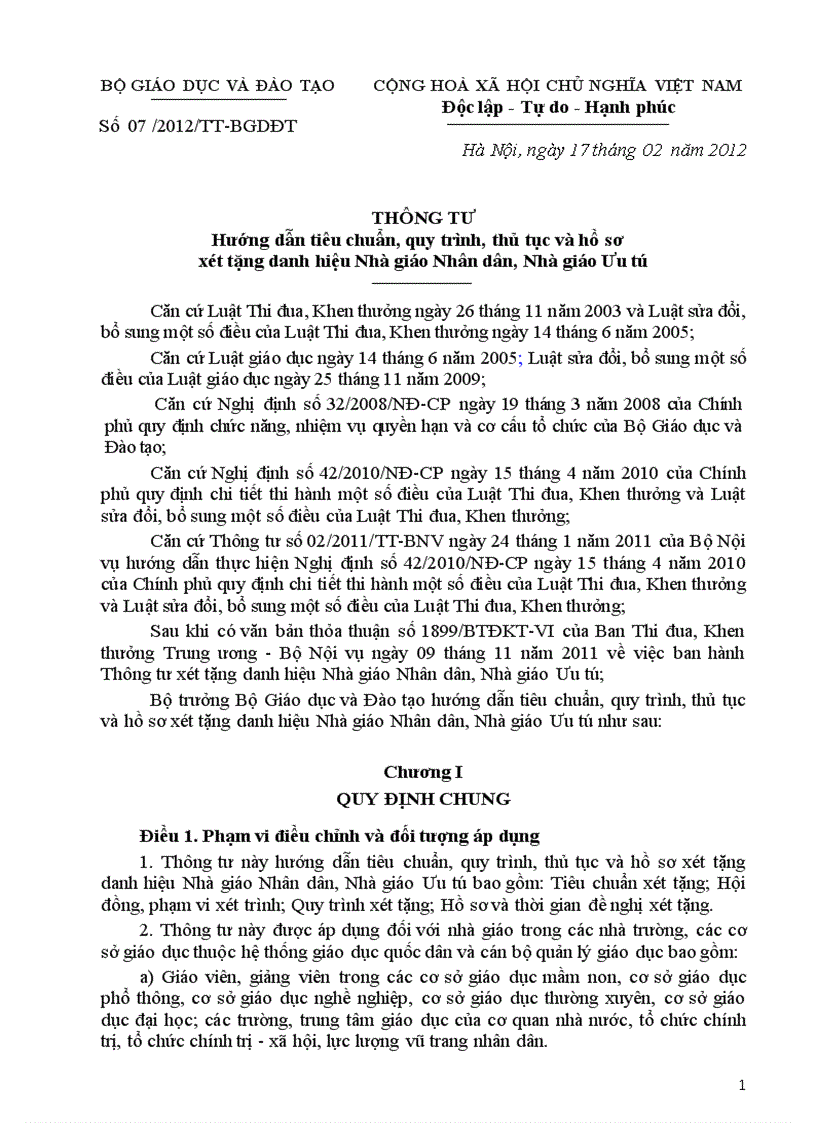Thông tư 07 BGD ĐT về quy trinh xét công nhận Nhà giáo ưu tú nhà giáo nhân dân