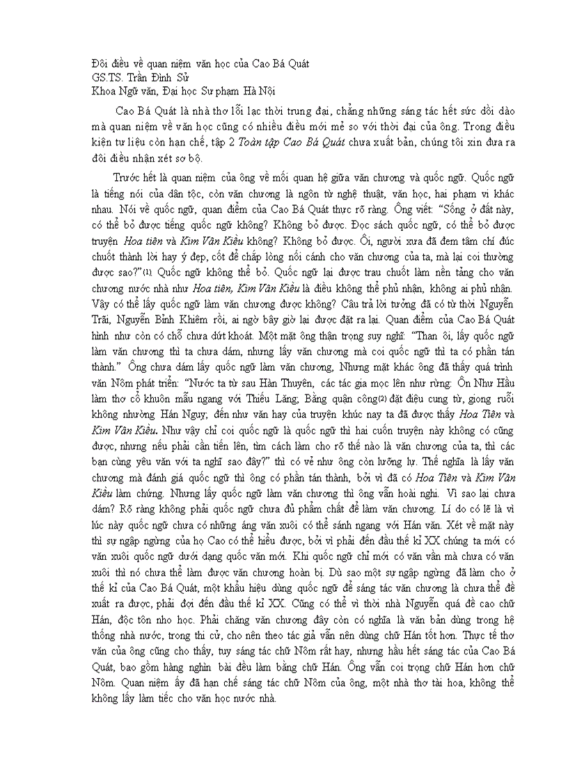 Đôi điều về quan niệm văn học của Cao Bá Quát