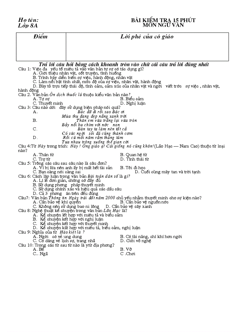 Kiểm tra 15 phút Ngữ văn 8