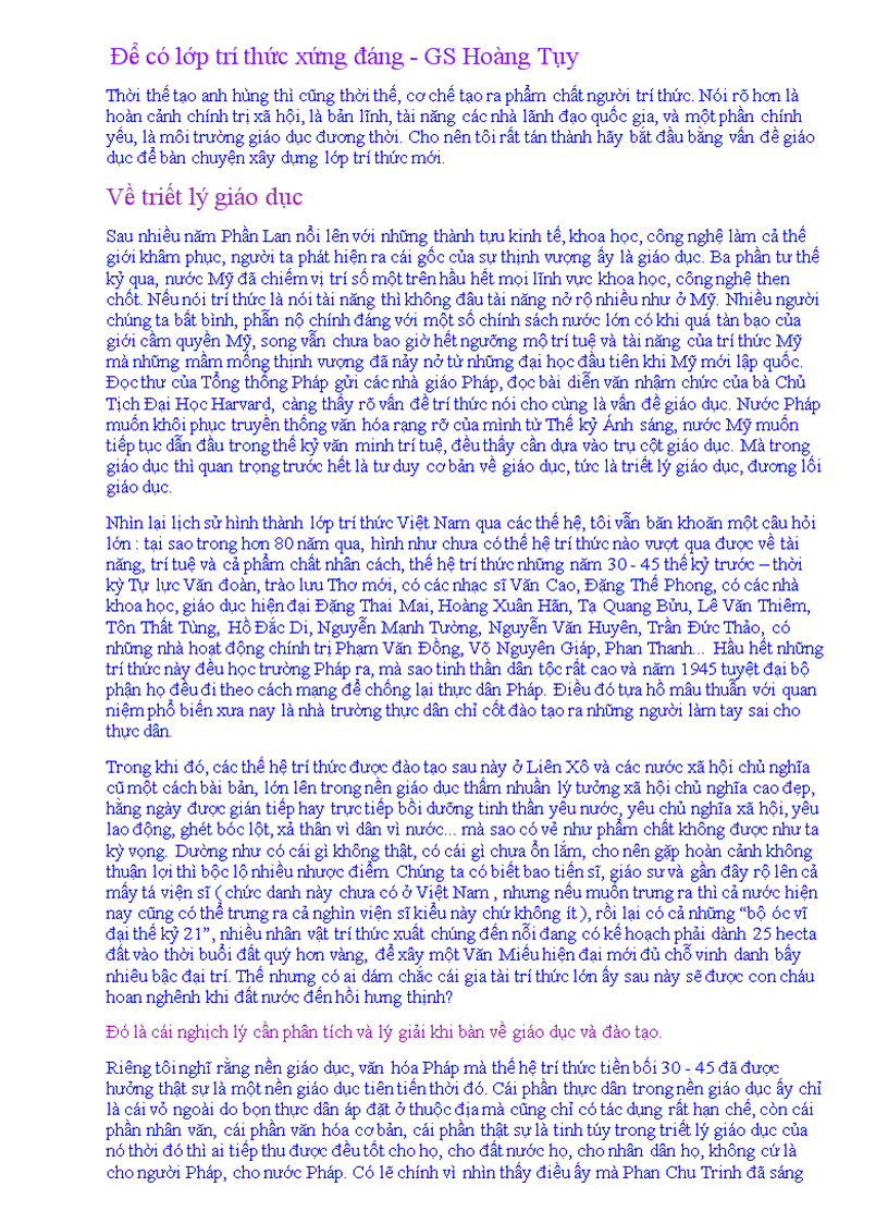 Bài viết của giáo sư Hoàng Tụy về giáo dục Các Thầy Cô giáo đọc và tham khảo