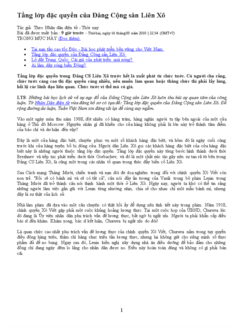 Tầng lớp đặc quyền của ĐCS LIÊN XÔ