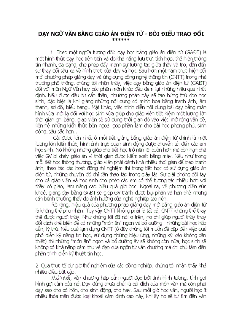 Dạy Ngữ Văn bằng giáo án điện tử