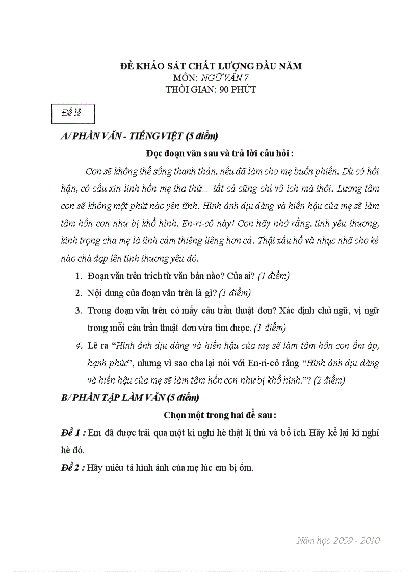 Đề khảo sát chất lượng đầu năm học