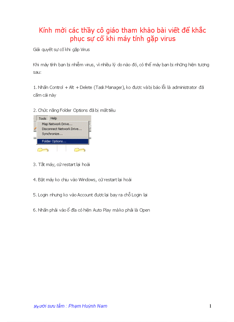 Cách sử lí sự cố khi máy tính gặp Virus