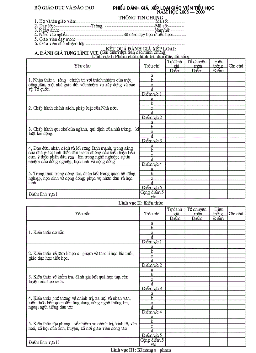 Phiếu đánh giá xếp loại giáo viên