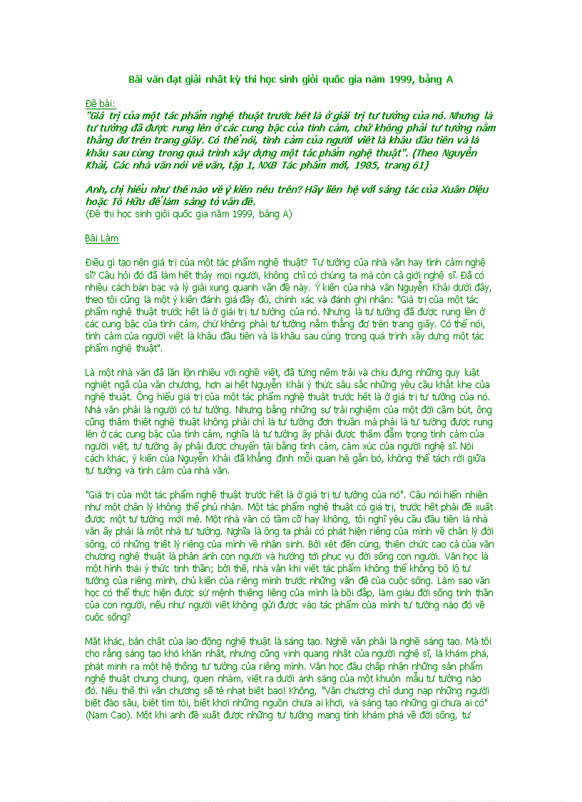 Giá trị của một tác phẩm nghệ thuật trước hết là ở giái trị tư tưởng của nó giải nhất kỳ thi học sinh giỏi quốc gia năm 1999