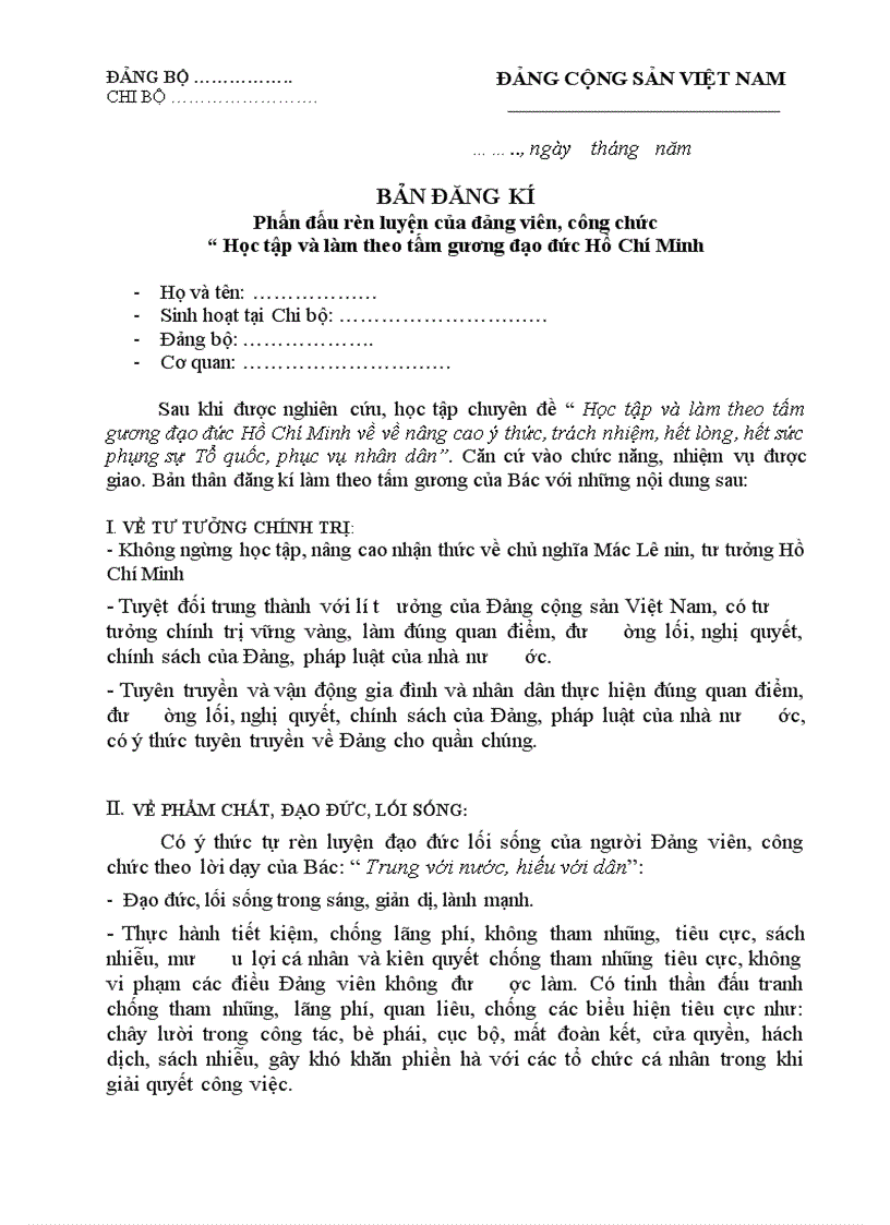 Bản đăng kí phấn đấu rèn luyện của Đảng viên công chức Học tập và làm theo tấm gương đạo đức Hồ Chí Minh