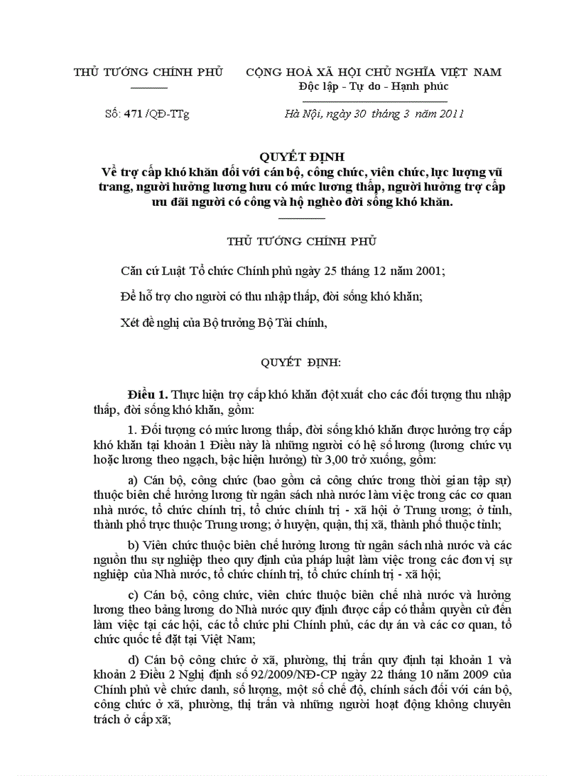 Chính phủ trợ cấp khó khăn qđ 471