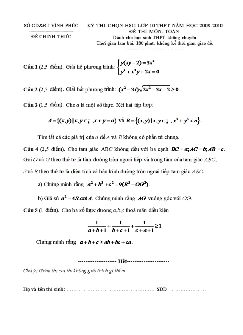 Đề thi HSG Toán 10 tỉnh Vĩnh Phúc 2010