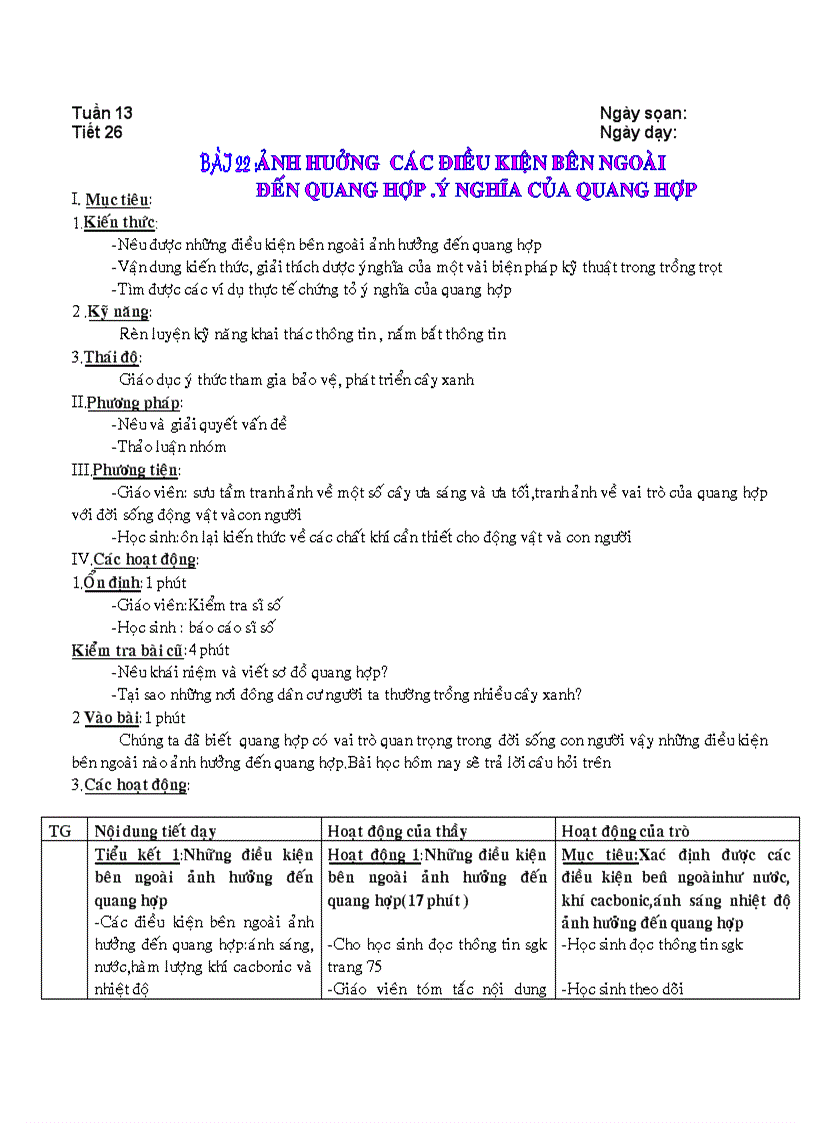 Bài 22 Ảnh hưởng của các điều kiện bên ngoài đến quá trình quang hợp ý nghĩa của quang hợp