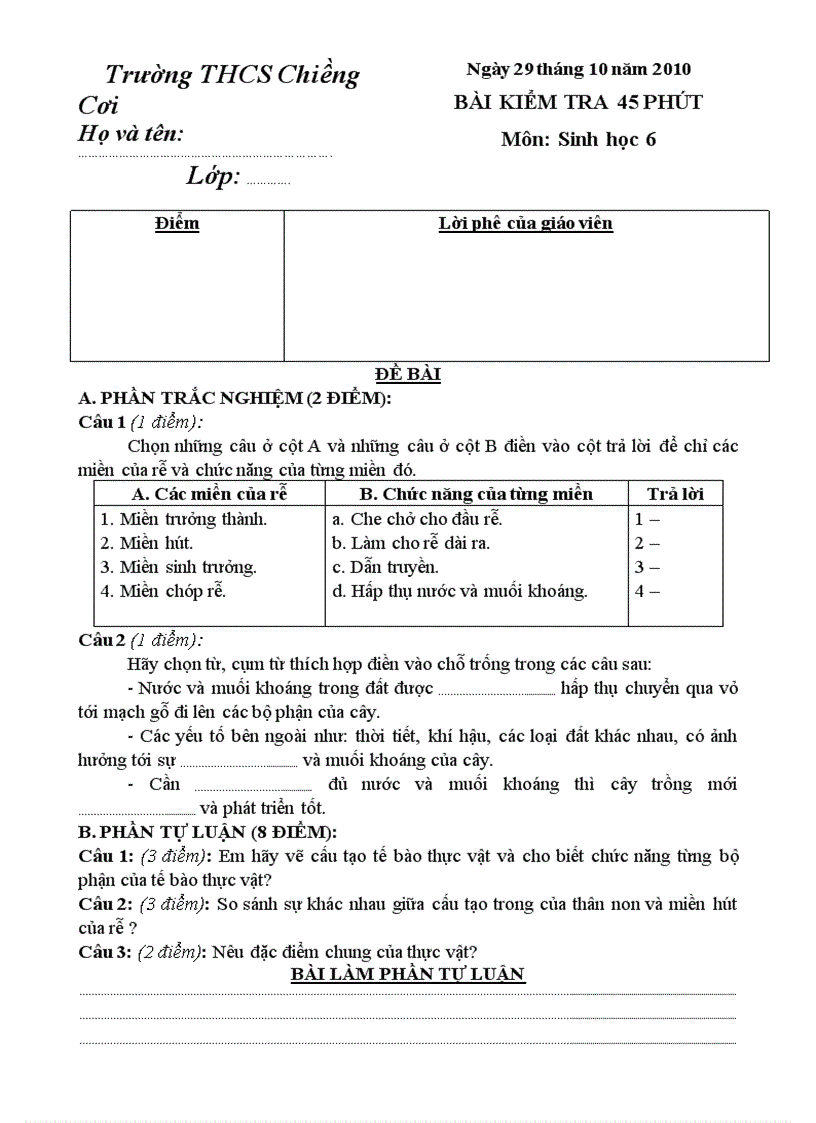 Bài kiểm tra 45 Sinh 6 2010