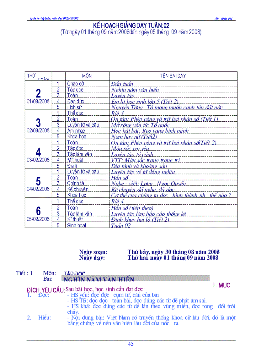 Giáo án lớp 5 tuần 2