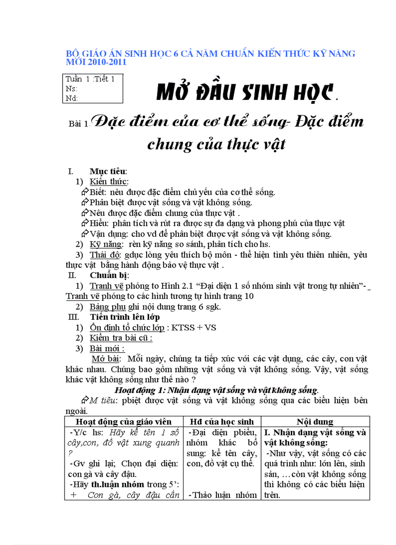 Giáo án Sinh học 6 theo chuẩn mới 2010 2011