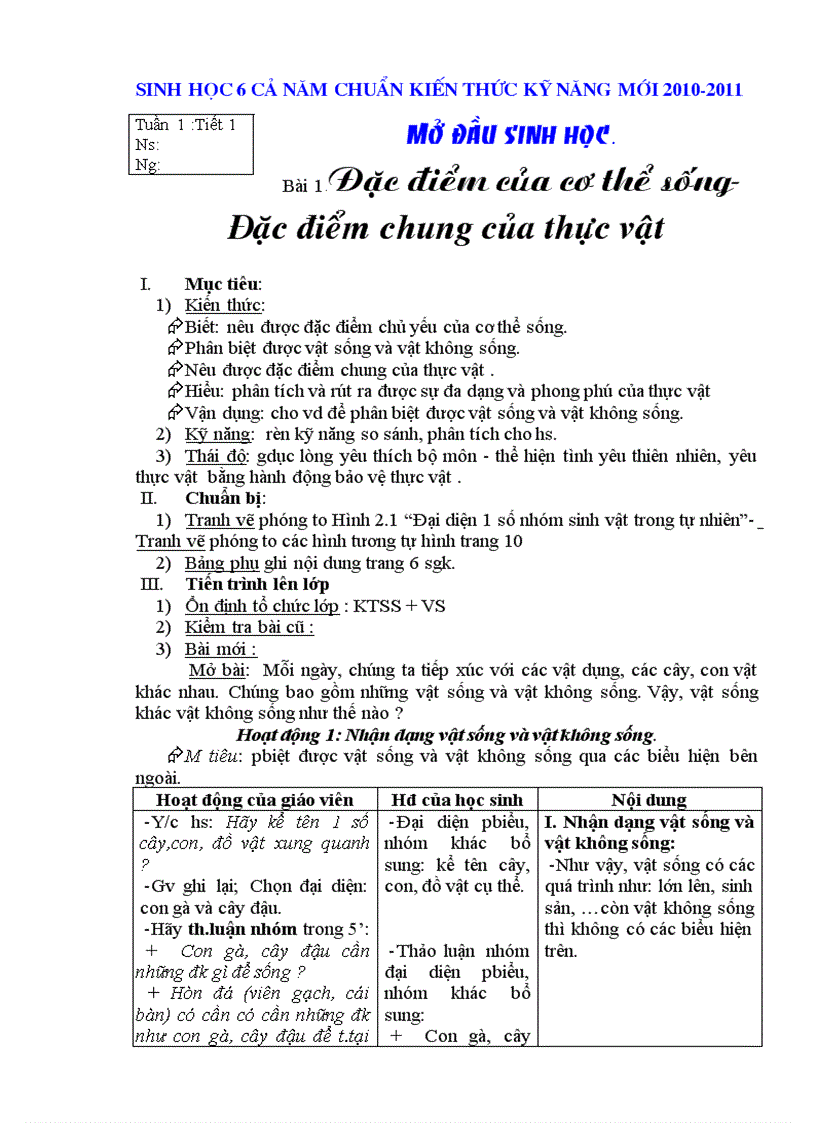 Giáo án Sinh học 6 chuẩn mới 2011