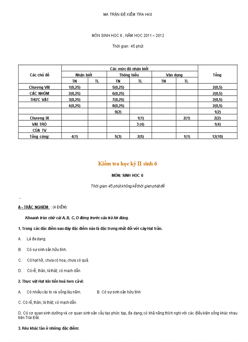 Đề kiểm tra ki 2 sinh 6