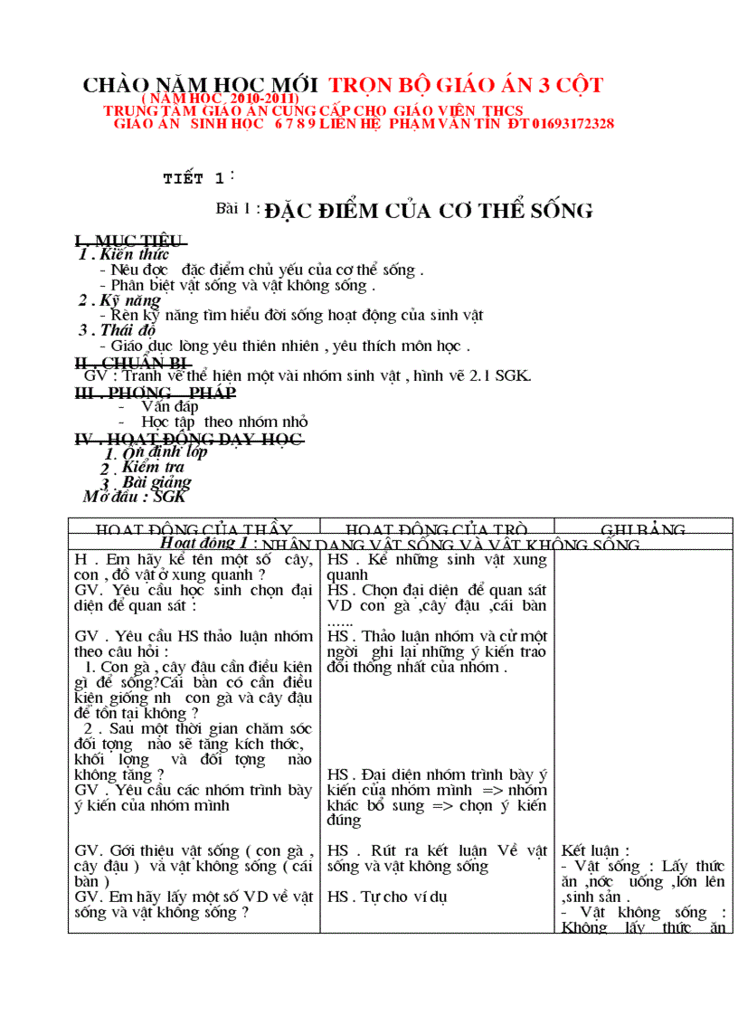 Giáo án sinh học 6 cả năm 3 cột mới 2010 2011
