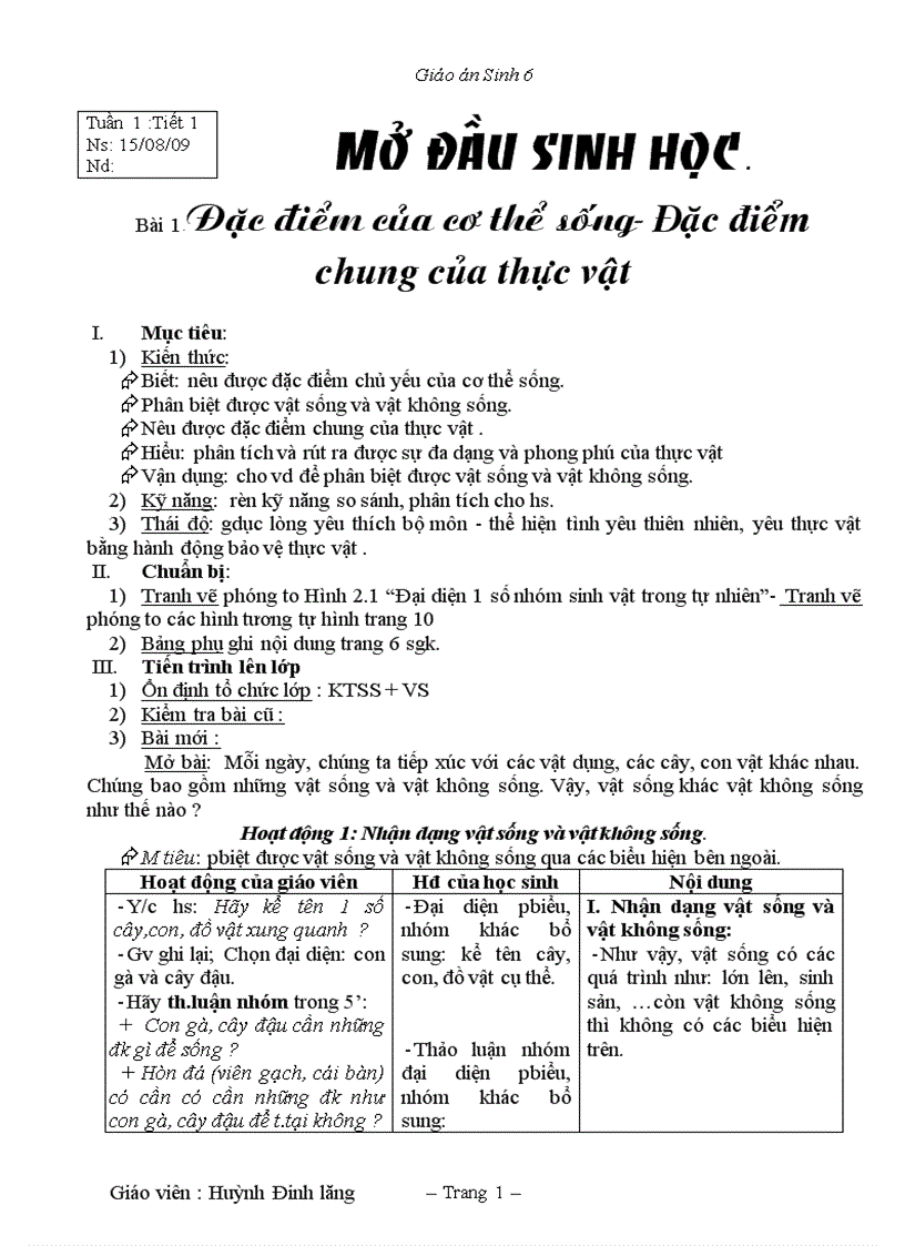 Giáo án Sinh 6 3 cột