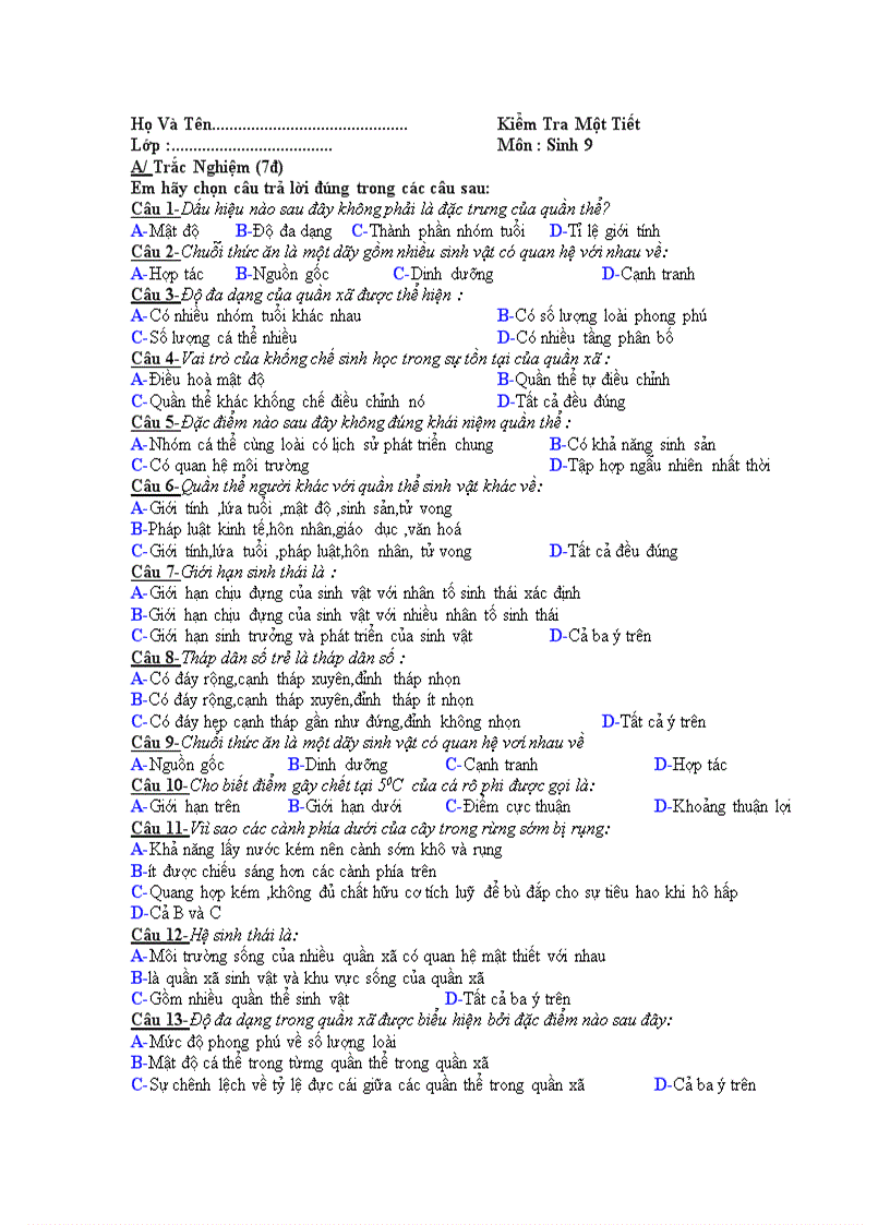 Đề kiểm tra một tiết sinh 9