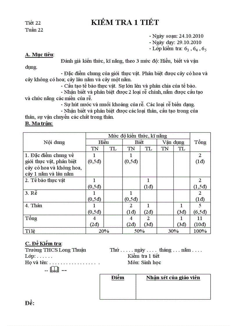 Kiem tra 1T Sinh 6 tiet 22