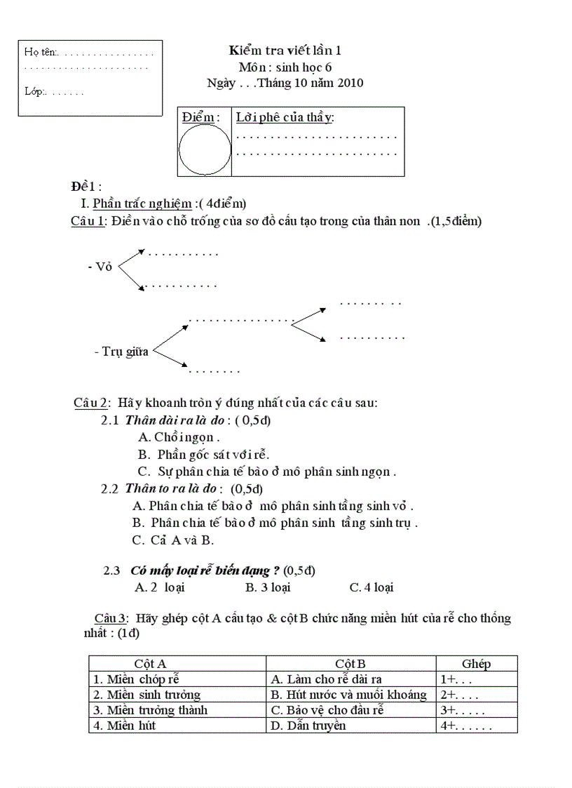 Đề kiểm tra sinh học 6