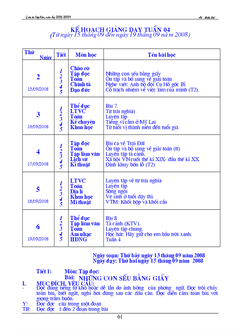 Giáo án lớp 5 tuần 4