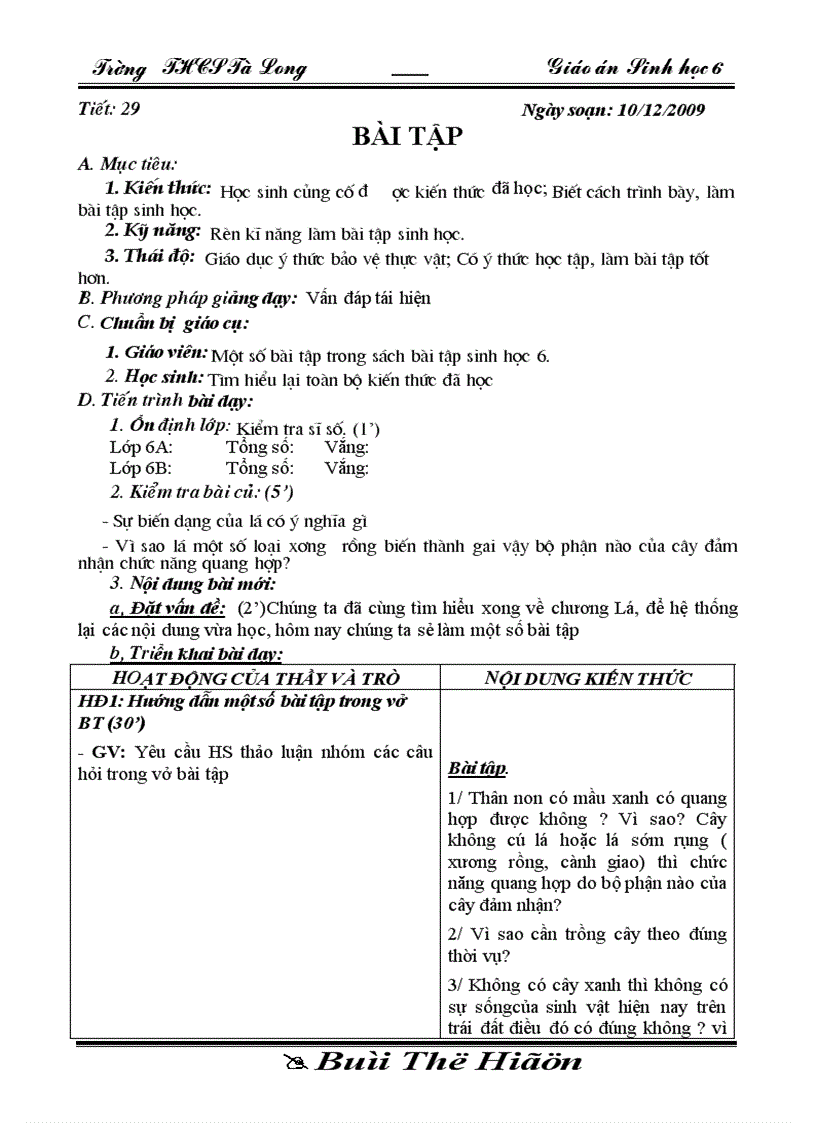 Sinh 6 tiet 29 theo chuẩn