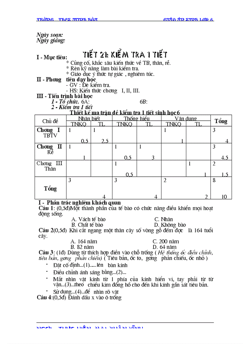 Bai KT sinh 6 1 tiet