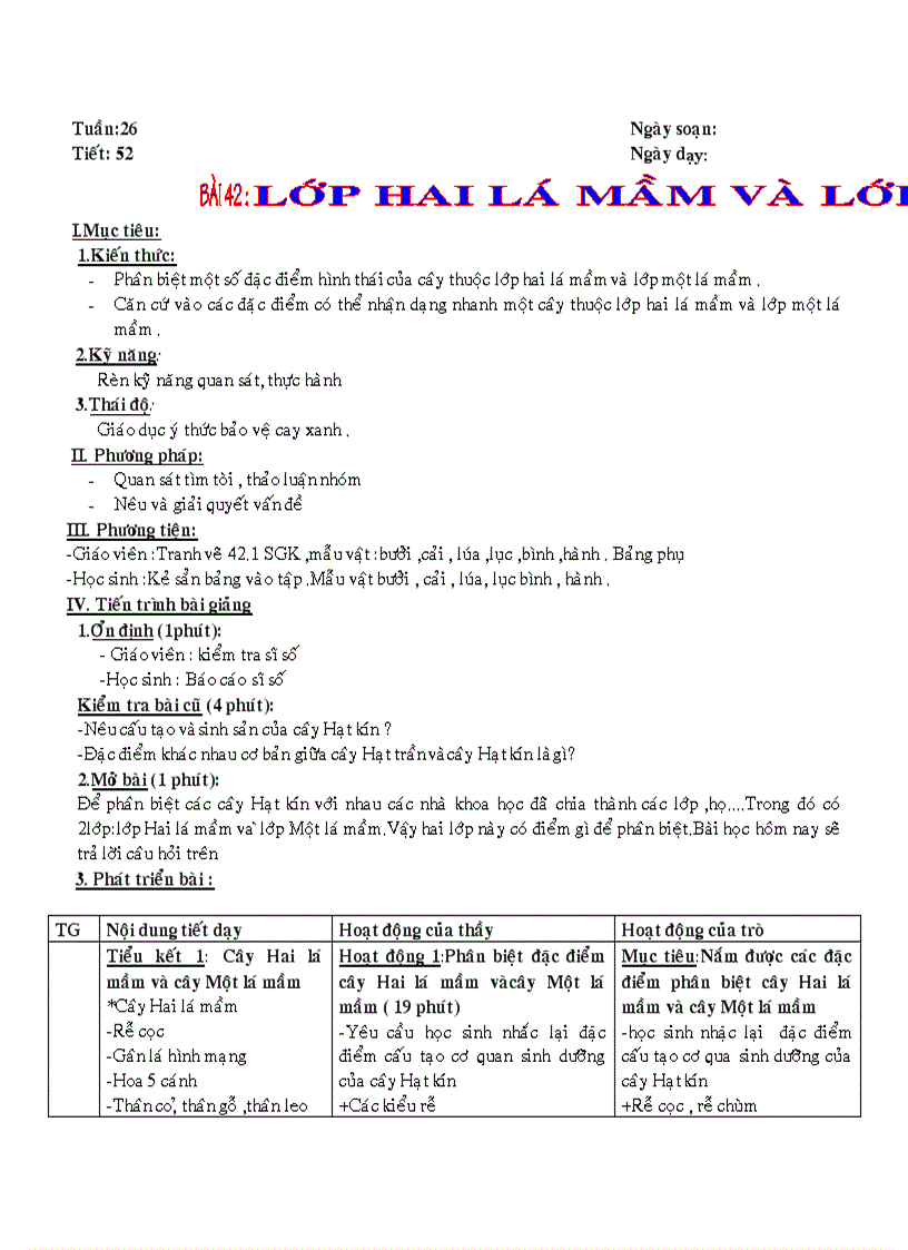 Bài 42 Lớp Hai lá mầm lớp Một lá mầm