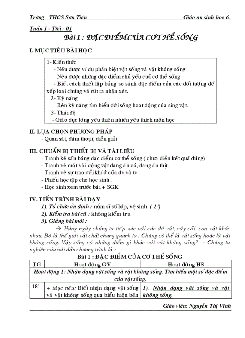 Giao an Sinh 6 day du Đúng theo PPCT mới