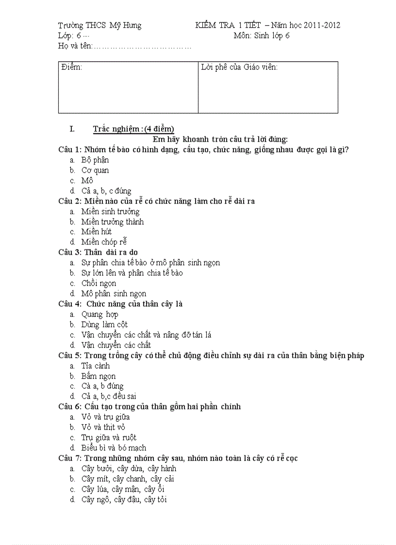 Đề kiểm tra 1 tiết sinh 6
