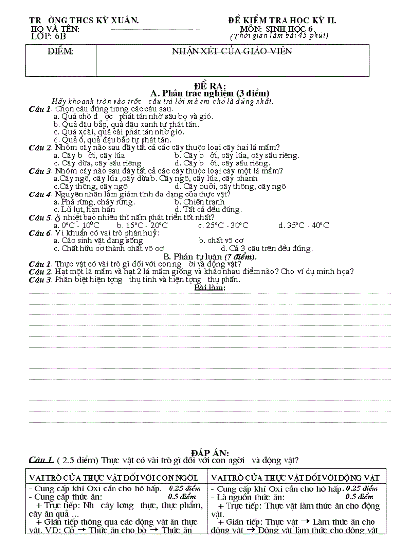 Đề kiểm tra Sinh 6 HKII có đáp án biểu điểm