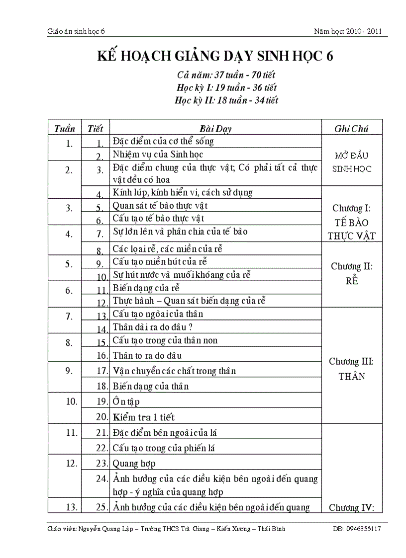 GIÁO ÁN SINH HỌC 6 TOÀN TẬP laphoachilinh