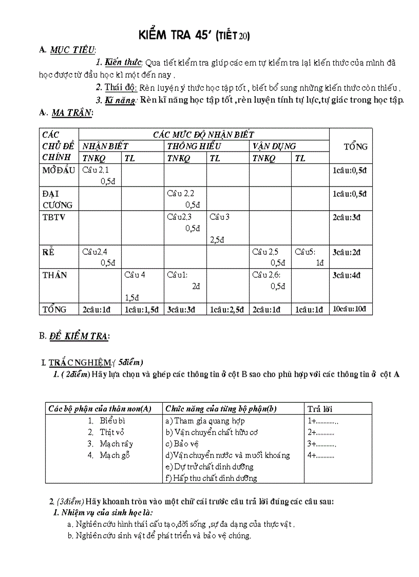 KT 45 Tiết 20 có ma trận ĐA