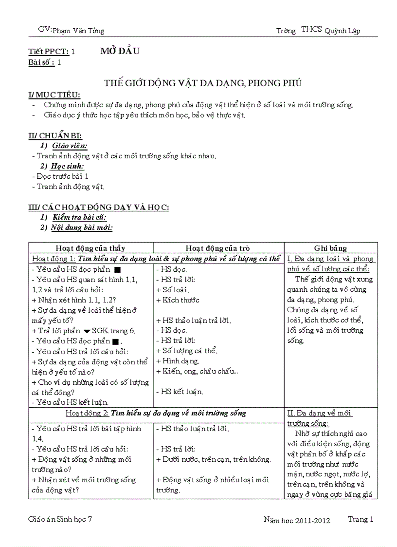 Giáo án sinh học 7 Chuẩn 1