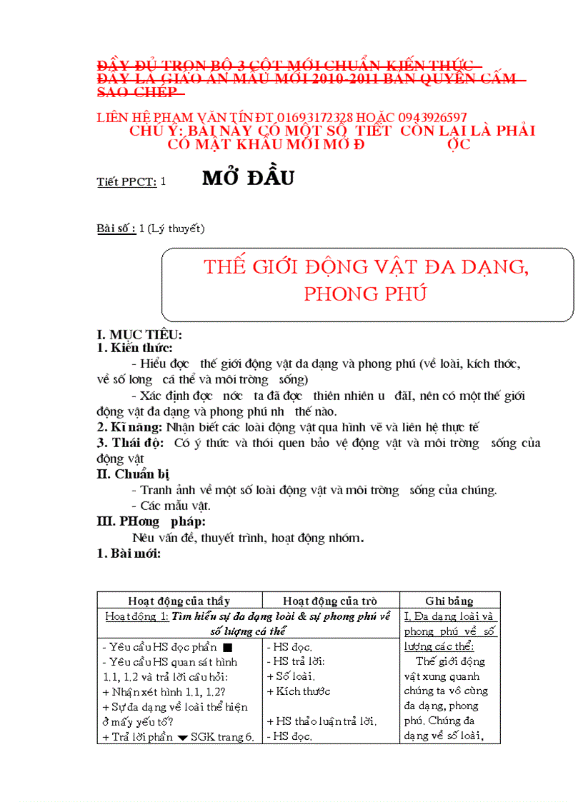 Giáo án sinh 7 chuẩn kiến thức kỹ năng 2010 2011