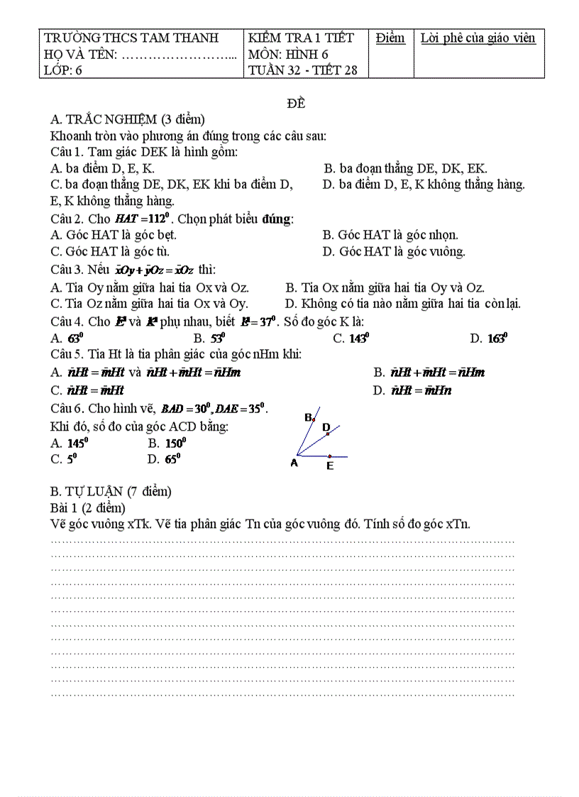 Kiểm tra 1 tiết Hình 6 Tuần 32 đề 2