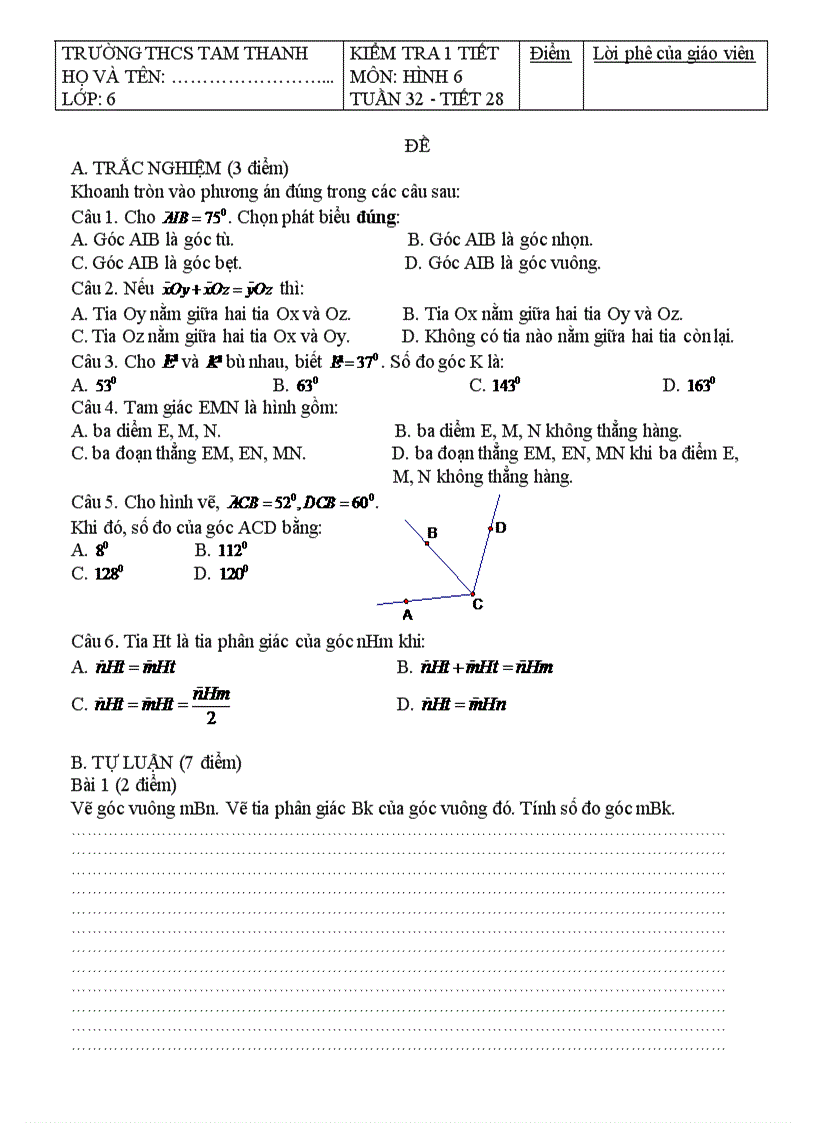 Kiểm tra 1 tiết Hình 6 Tuần 32 đề 1