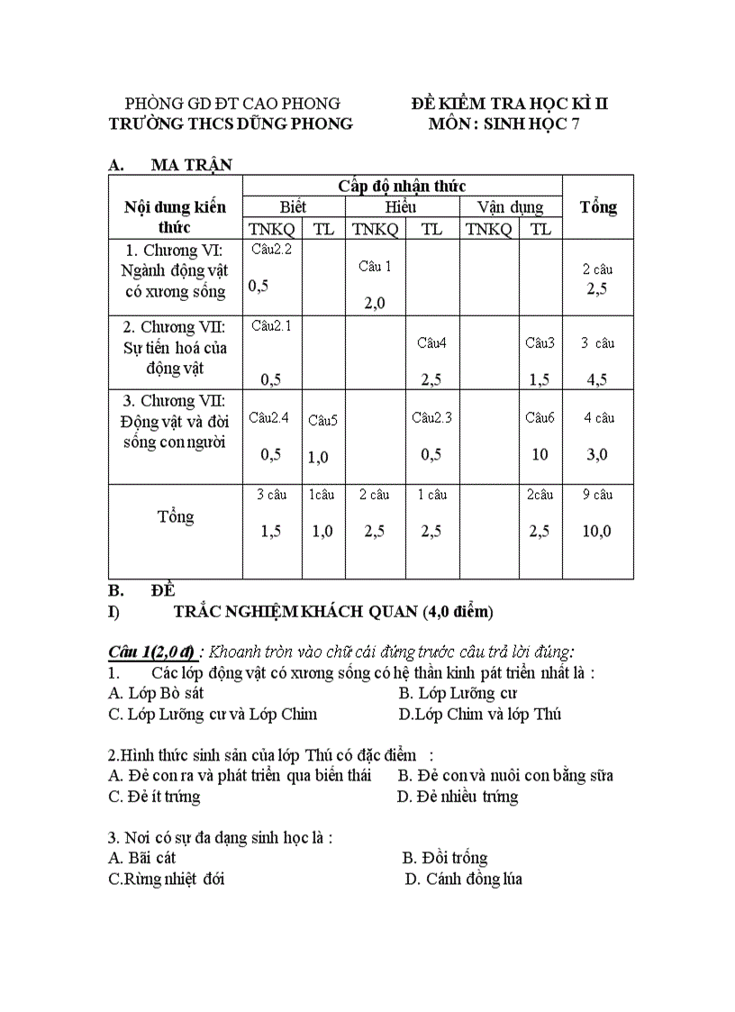 Đề sinh 7 hk2 co matran