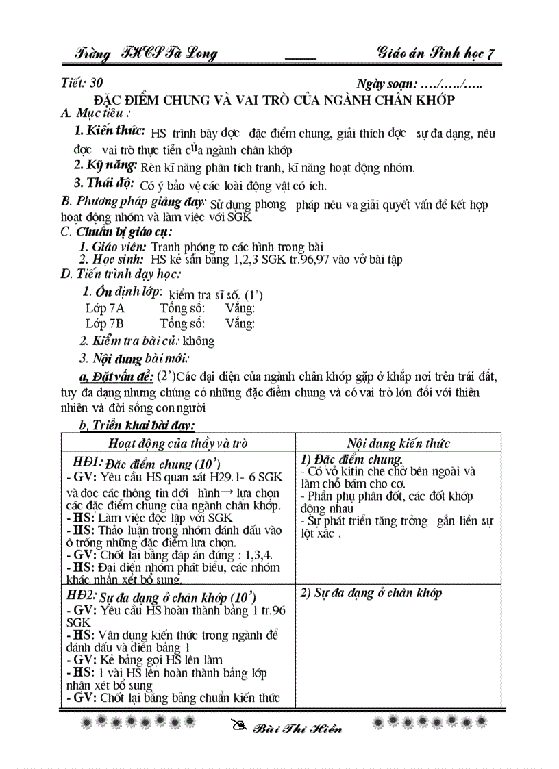 Sinh 7 tiết 30 theo chuẩn