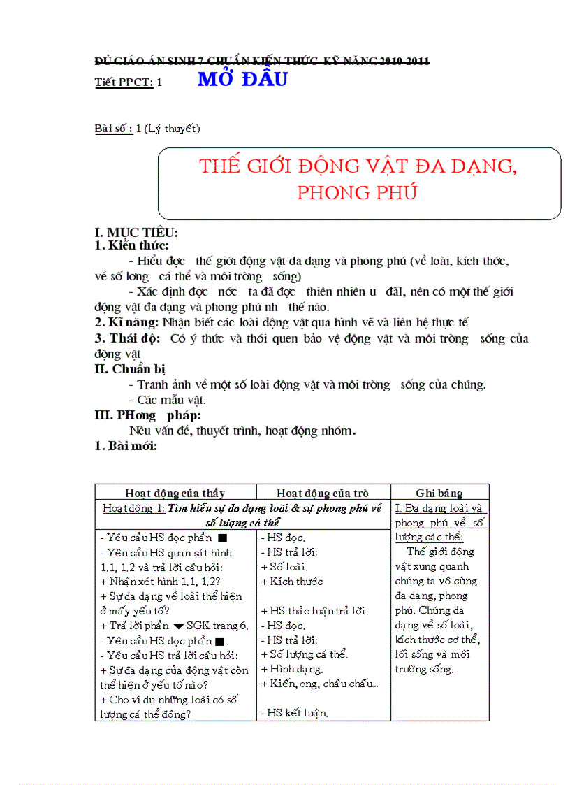 Giáo án Sinhhọc7chuẩn kiến thứckỹnăng 2010 2011