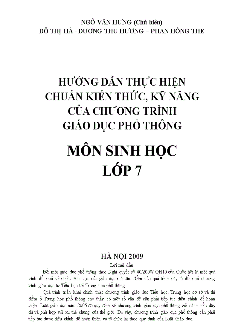 Chuẩn kiến thức kỹ năng môn Sinh học 7