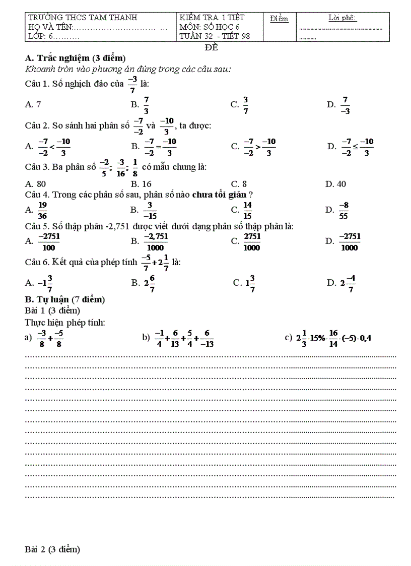 Kiểm tra 1 tiết Số 6 Tuần 32 đề 2