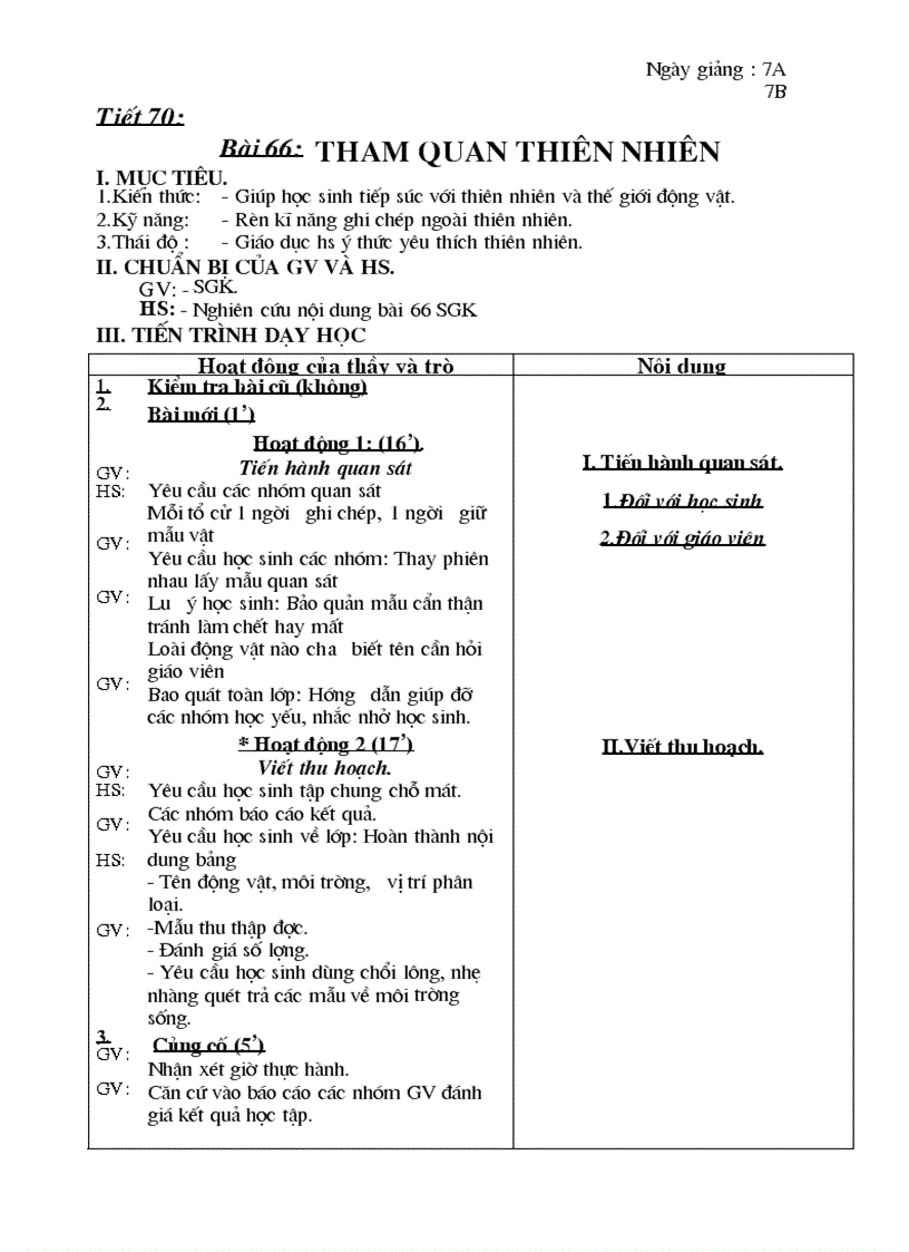 Sinh 7 chuẩn tiết 70