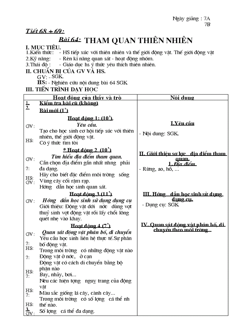 Sinh 7 chuẩn tiết 68