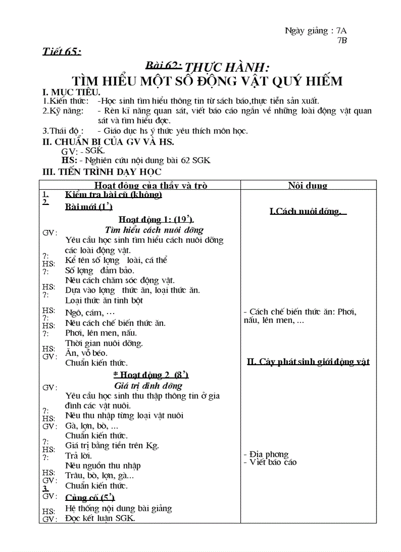 Sinh 7 chuẩn tiết 65