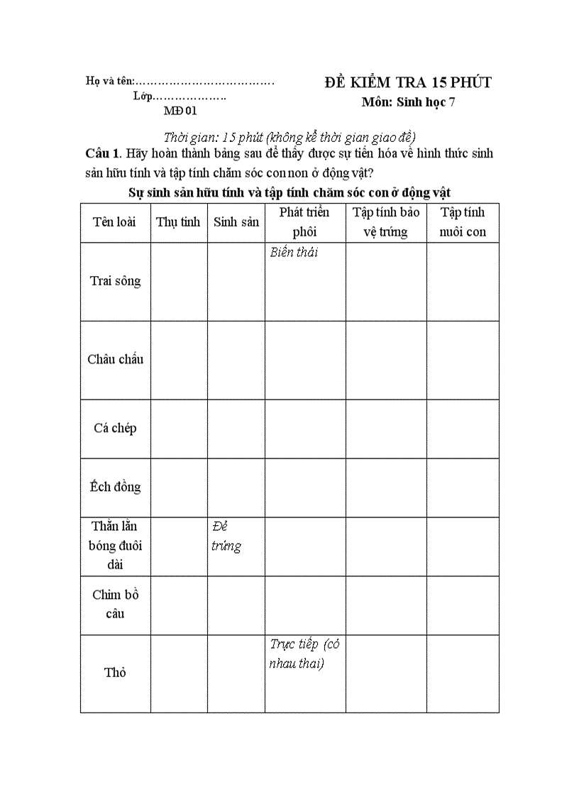 Kiểm tra 15 phút sinh 7 lần 2